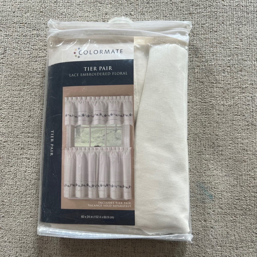 Colormate Embroidered Floral Tier Pair Curtains 60x24 Cotton Cream Blue